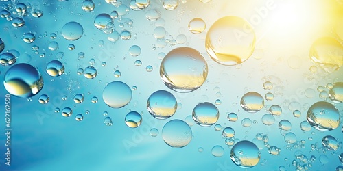 Closeup of bubbles in liquid water. Condensation. Gel globules. Circles in a water glass. Sunlight through a pool in summer. photo