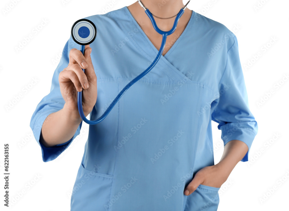 Female doctor with stethoscope isolated on white background Female doctor with stethoscope isolated on white background