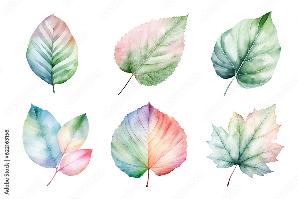 colorful watercolor pastel leaves elements collection isolated on transparent background