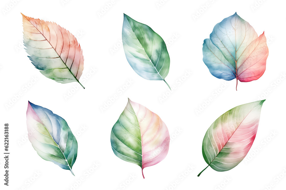 colorful watercolor pastel leaves elements collection isolated on transparent background