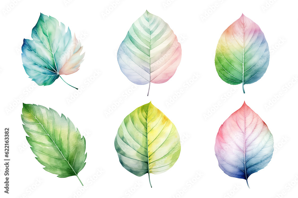 Obraz premium colorful watercolor pastel leaves elements collection isolated on transparent background
