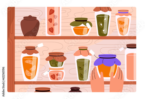 Homemade jams, fruit marmalades, berry preserves, conserves in glass jars on shelf. Hands taking natural home-made confiture, sweet food, organic eating in kitchen cupboard. Flat vector illustration