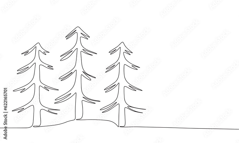 Obraz premium Spruce tree one line continuous. Christmas winter forest concept banner. Line art outline vector illustration isolated on white background.