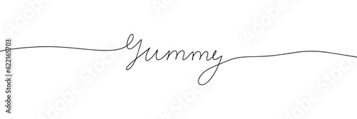 Monoline phrase yummy. One line continuous text calligraphy handwriting lettering. Vector illustration.