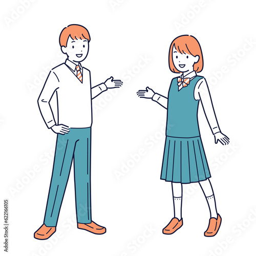 笑顔で説明・提案をする学生の男女＿全身