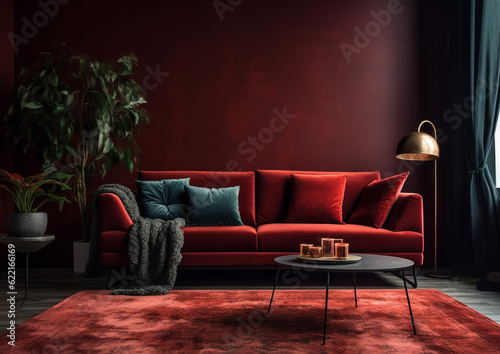 blank wall dark red style interior mockup living room