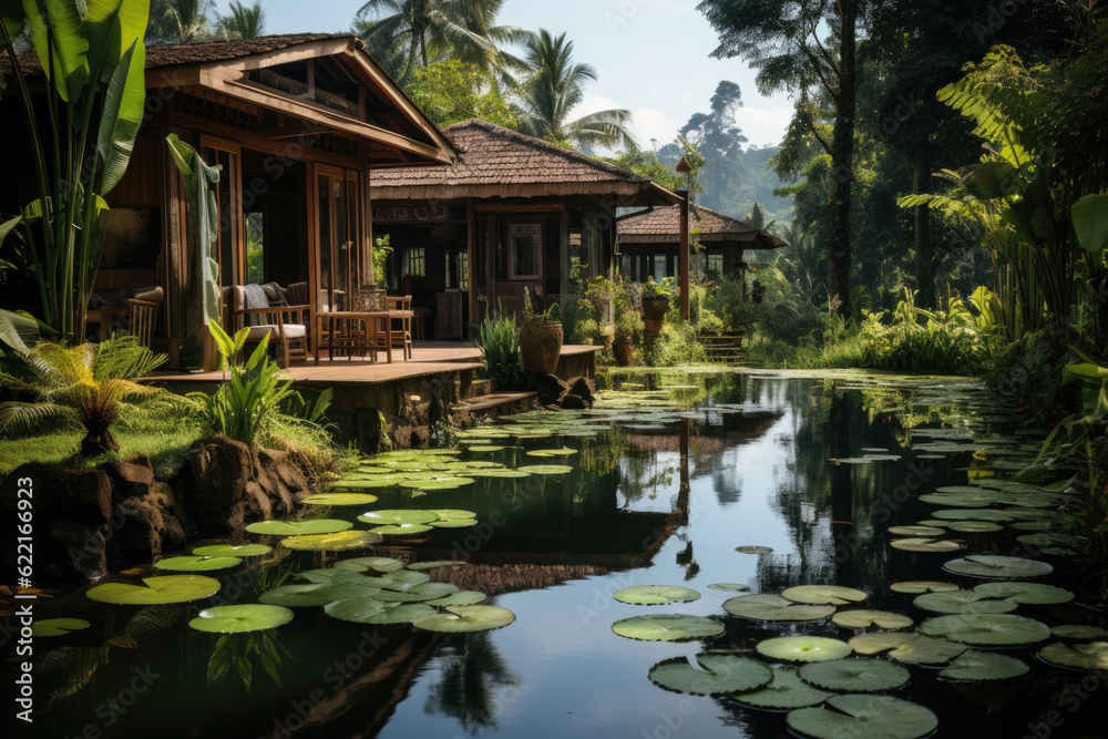 Small house, surrounded by the serenity of green rice fields, fish ponds, and vegetable gardens Small house, surrounded by the serenity of green rice fields, fish ponds, and vegetable gardens