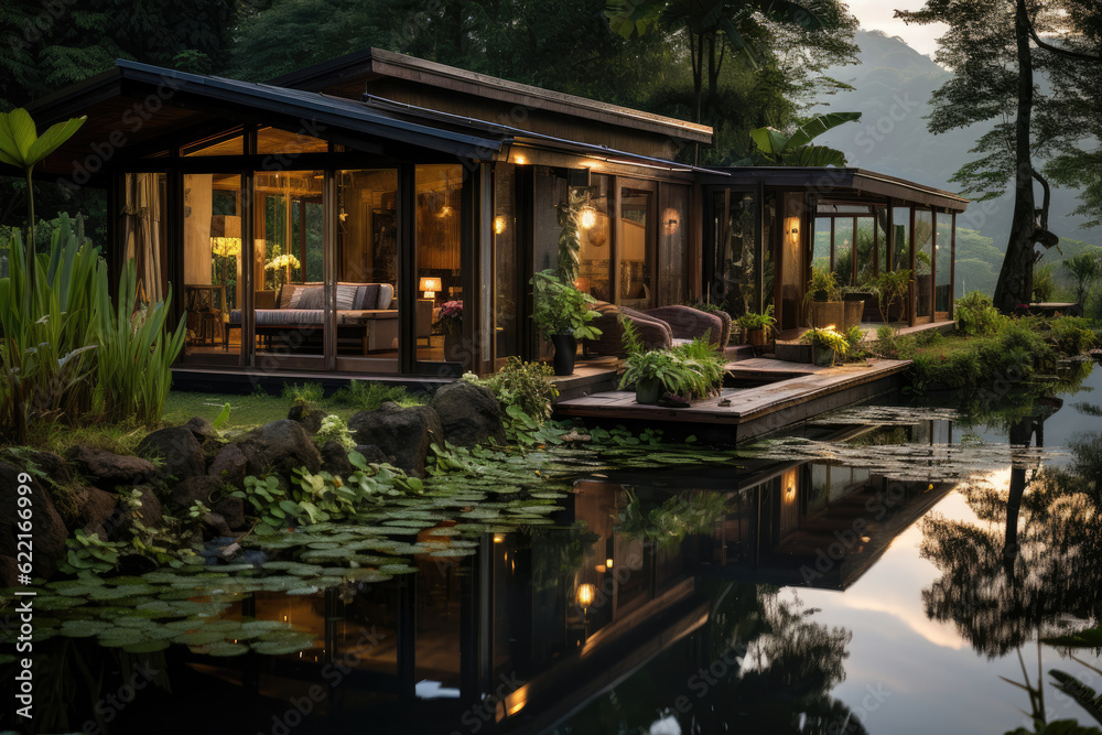 Small house, surrounded by the serenity of green rice fields, fish ponds, and vegetable gardens Small house, surrounded by the serenity of green rice fields, fish ponds, and vegetable gardens