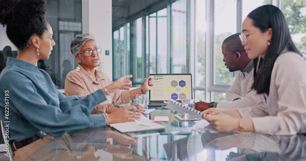 Laptop, presentation and planning with business people in meeting for idea, data analytics and branding. Logo, creative and strategy with employees in office for digital agency, teamwork and designer