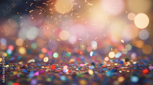 A shower of colorful confetti, with sparkling bokeh lights in the background. Generative AI