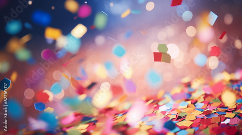 A shower of colorful confetti  with sparkling bokeh lights in the background. Generative AI