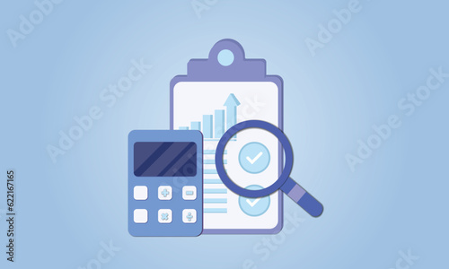 Clipboard with graphs and charts, audit debit and credit calculations. Accounting and taxes. Financial report, digital accounting, financial research.on blue background.Vector Design Illustration.