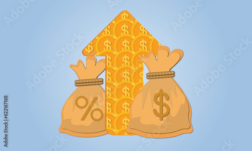 money bag, interest rate percentage sign, business and finance, return on investment, financial solution, prepayment and down payment concept, income . on blue background.Vector Design Illustration.