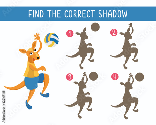 Find correct shadow. Puzzle game for children. Cute kangaroo playing volleyball. Vector cartoon illustration. Funny character.