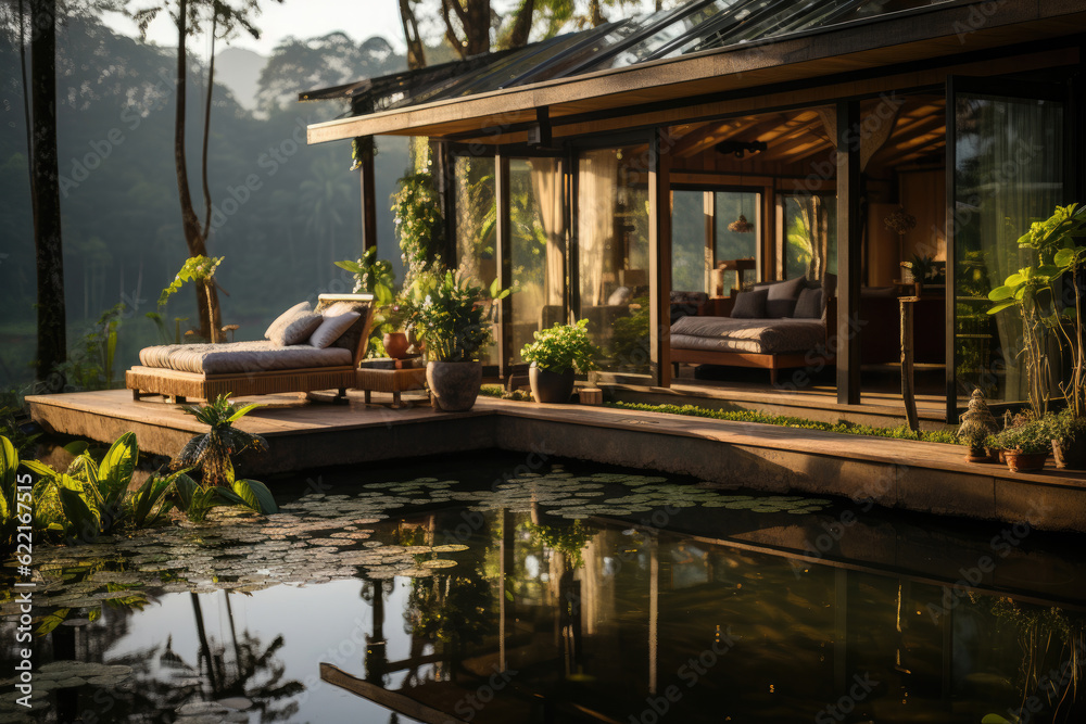 Small house, surrounded by the serenity of green rice fields, fish ponds, and vegetable gardens Small house, surrounded by the serenity of green rice fields, fish ponds, and vegetable gardens