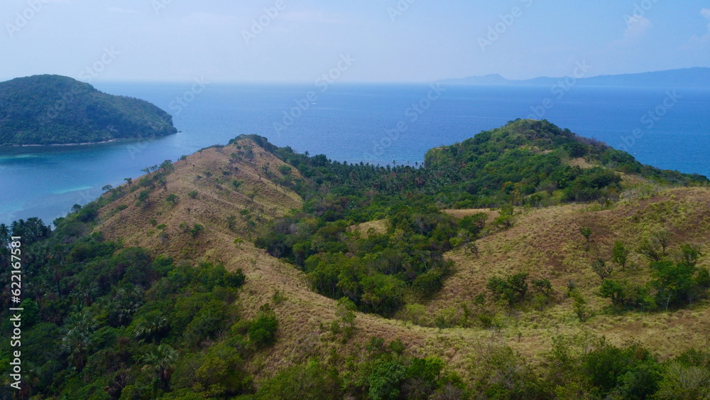Tropical island hill on the seashore. Aerial view of small hills covered with tropical rainforest and jungle against the backdrop of the sea and bay.