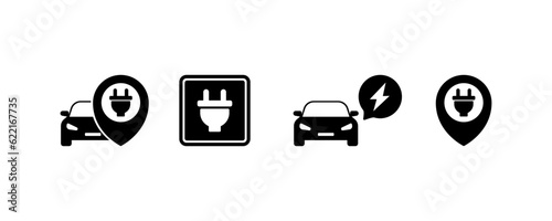 Charging station. Silhouette, black, charge the car, charging column. Vector icons