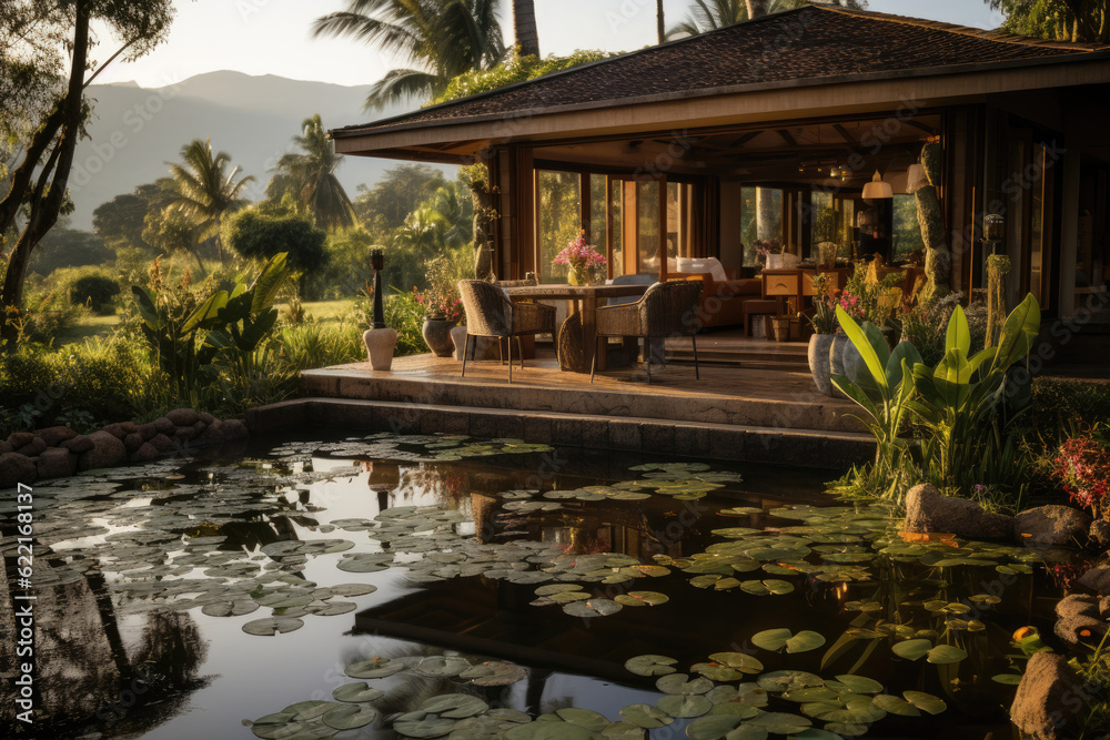 Small house, surrounded by the serenity of green rice fields, fish ponds, and vegetable gardens Small house, surrounded by the serenity of green rice fields, fish ponds, and vegetable gardens