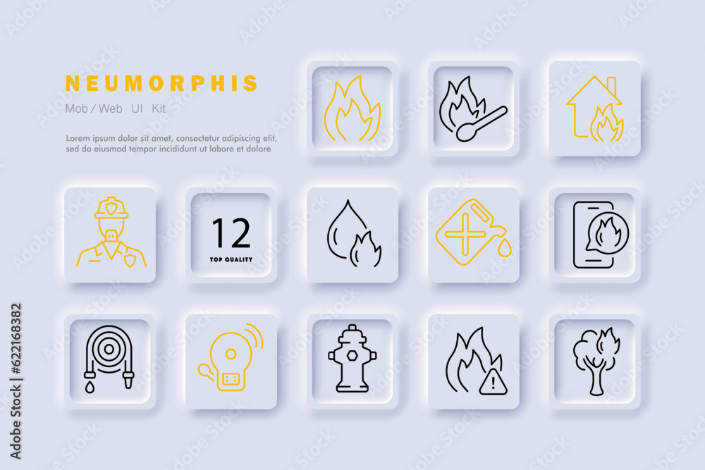 Fototapeta premium Fire safety line icon. Fire, wood, hydrant, gasoline, fireman, water. Neomorphism steyle. Vector line icon for Business