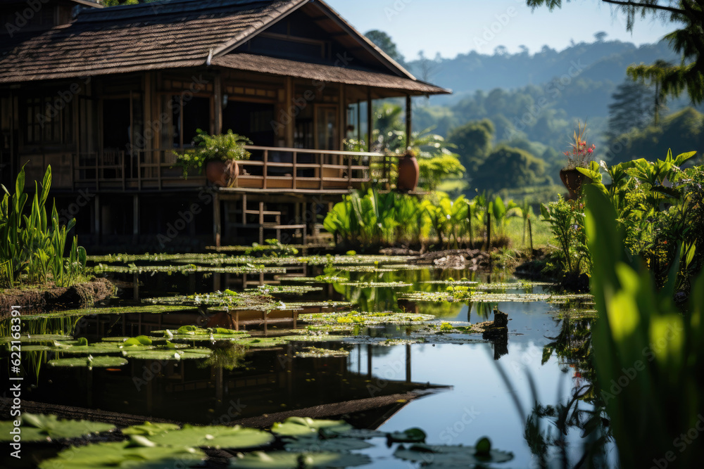 Nestled amidst the serene and picturesque landscapes of rural Thailand, a small hut stands proudly