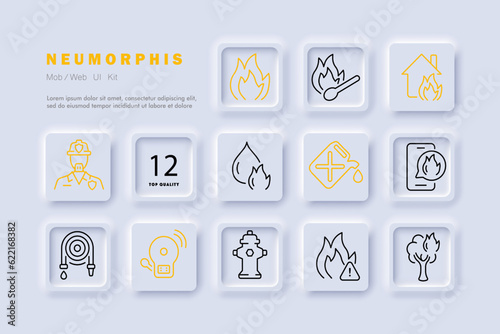 Fire safety line icon. Fire, wood, hydrant, gasoline, fireman, water. Neomorphism steyle. Vector line icon for Business