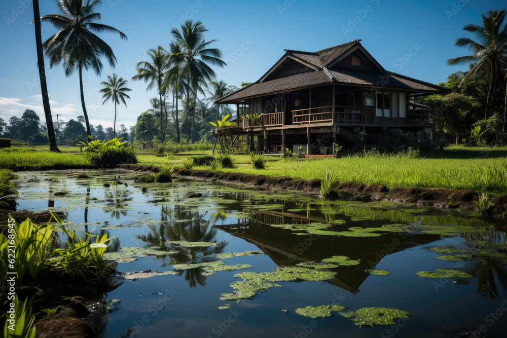 Nestled amidst the serene and picturesque landscapes of rural Thailand, a small hut stands proudly