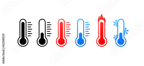 Thermometer. Flat, color, thermometer shows temperature, different temperatures. Vector icons.