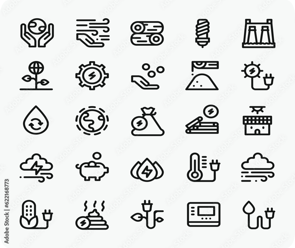 Power plant flat line icons set. Energy generation station. Vector illustration alternative renewable energy sources included solar, wind, hydro, tidal, geothermal and biomass Editable strokes
