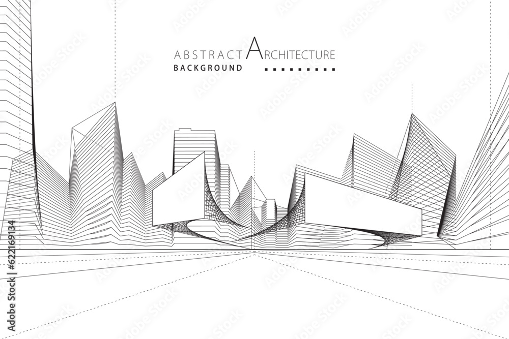Fototapeta premium 3D illustration abstract modern urban building out-line black and white drawing of imagination architecture building construction perspective design. 