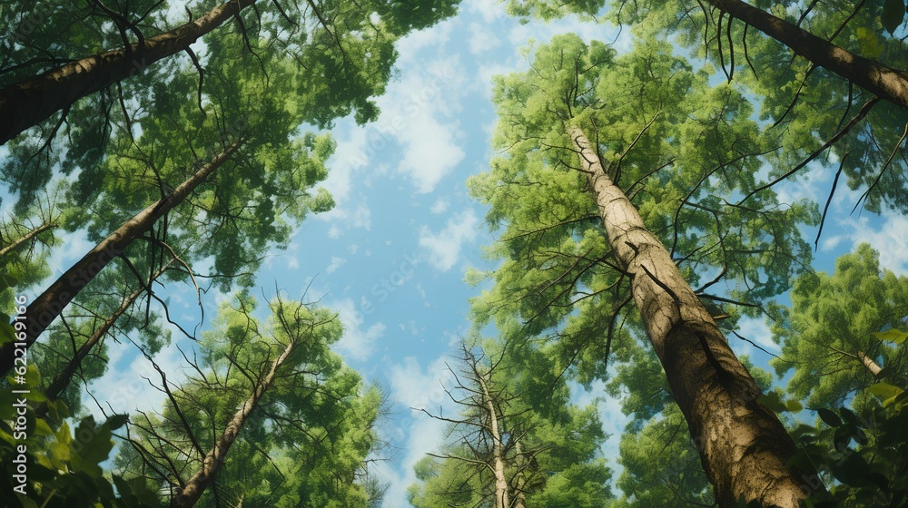 Fototapeta premium Illustrating the sustainable future of green energy, a tree trunk extends toward a blue sky with lush green leaves in view. The beauty and vitality of nature's renewable resources. Generative AI