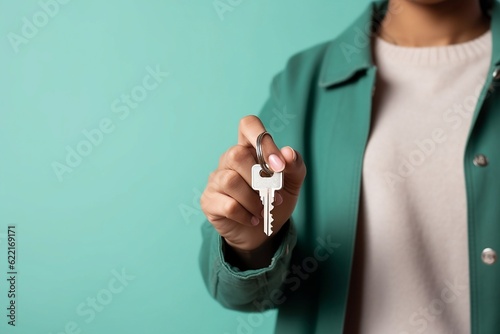Real estate agent holding house keys isolated background, Generative AI 
