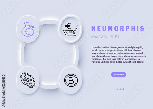 Finance line icon. Piggy bank, dollar, e-currency exchange, bitcoin, wallet. Neomorphism steyle. Vector line icon for Business