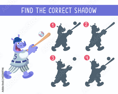 Find correct shadow. Puzzle game for children. Cute rhino with bat playing baseball. Vector cartoon illustration. Funny character.