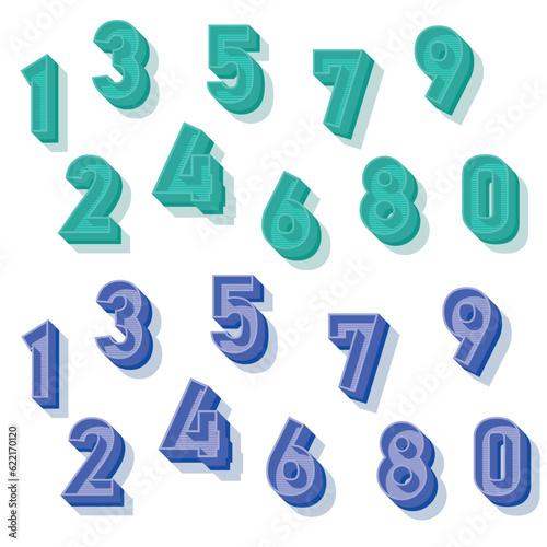 The 3D number of vector such as one, two, three, four, five, six, seven, eight, nine, zero, made with 3d graphic design in vector with green and blue color in retro text style.