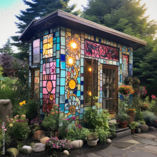 A tiny house with colorful stained glass windows in a flower garden