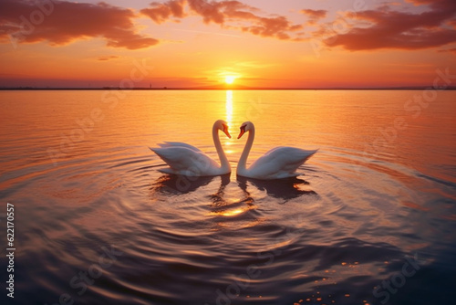 2 majestic white swans swim in the glassy waters of the Baltic Sea in front of a stunning orange sunset, The swans form a heart, soft lightinig