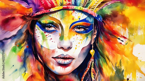 Carnival banner with funny character in fancy dress on stilts. illustration generative ai