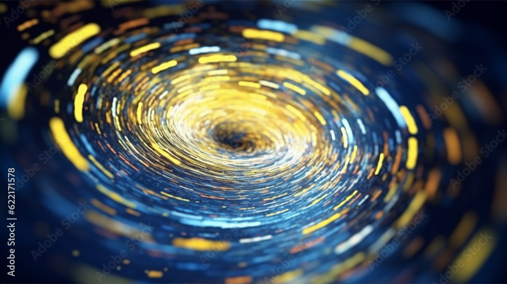 3d abstract blue and yellow particles vortex design digital light glow ...