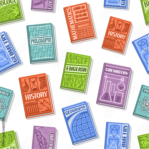 Vector Textbook Seamless Pattern, square repeating background with cut out illustrations of different colorful school books for wrapping paper, collection of flat lay textbooks for teen home interior