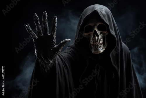 Creepy halloween grim reaper figure wearing a black rope against a dark background
