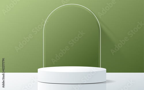 3d realistic pedestal. Product presentation, mock up. Cylinder podium on green background. Show room for product