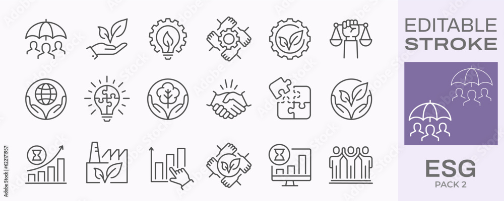 ESG icons, such as environment social governance, ecology, financial performance, sustainable developmen and more. Editable stroke. - obrazy, fototapety, plakaty 