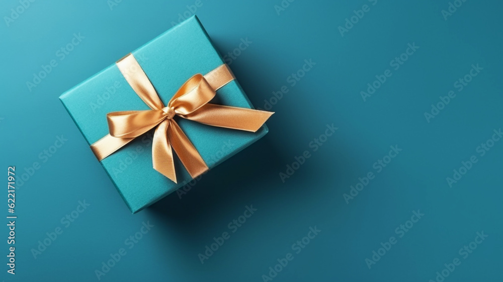 beautiful decorative gift box, blue bow and long ribbon. Generative ai