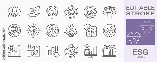 ESG icons, such as environment social governance, ecology, financial performance, sustainable developmen and more. Editable stroke.