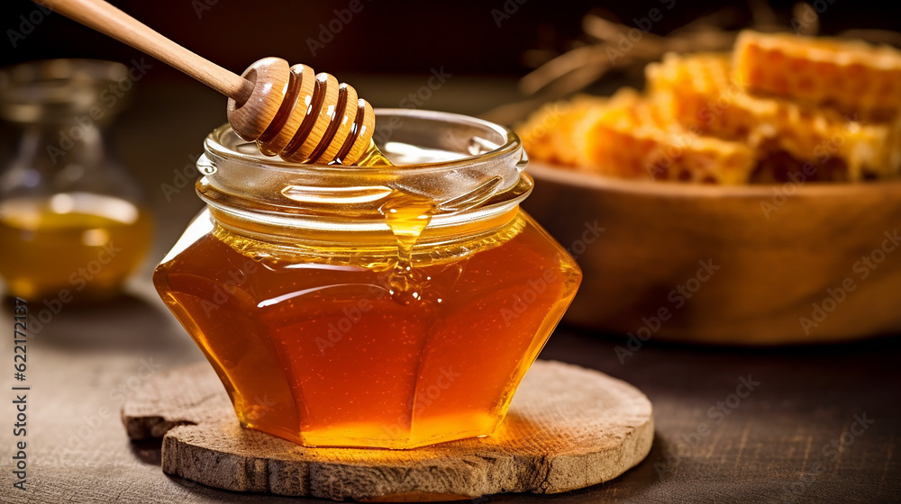 The liquid gold of honey, with its mesmerizing amber hue and enticing drips. Generative AI The liquid gold of honey, with its mesmerizing amber hue and enticing drips. Generative AI