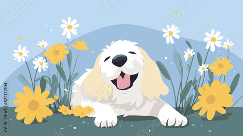 Vector illustration of cute dog and flower field.
