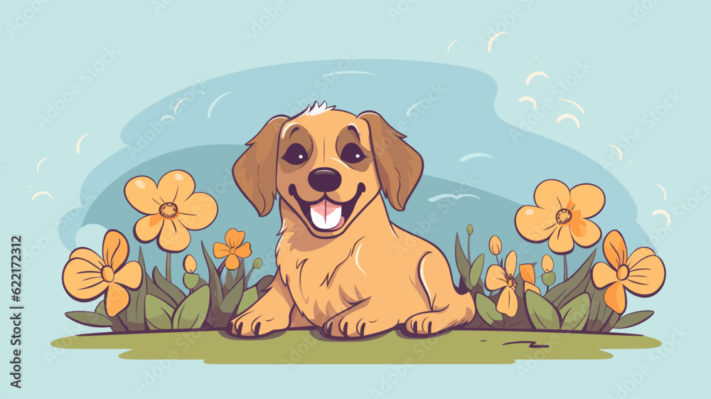 Vector illustration of cute dog and flower field.