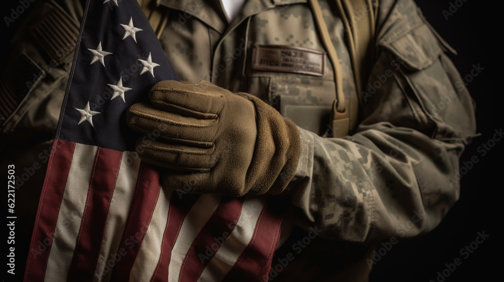 American flag held by a soldier. Generative ai. American flag held by a soldier. Generative ai.
