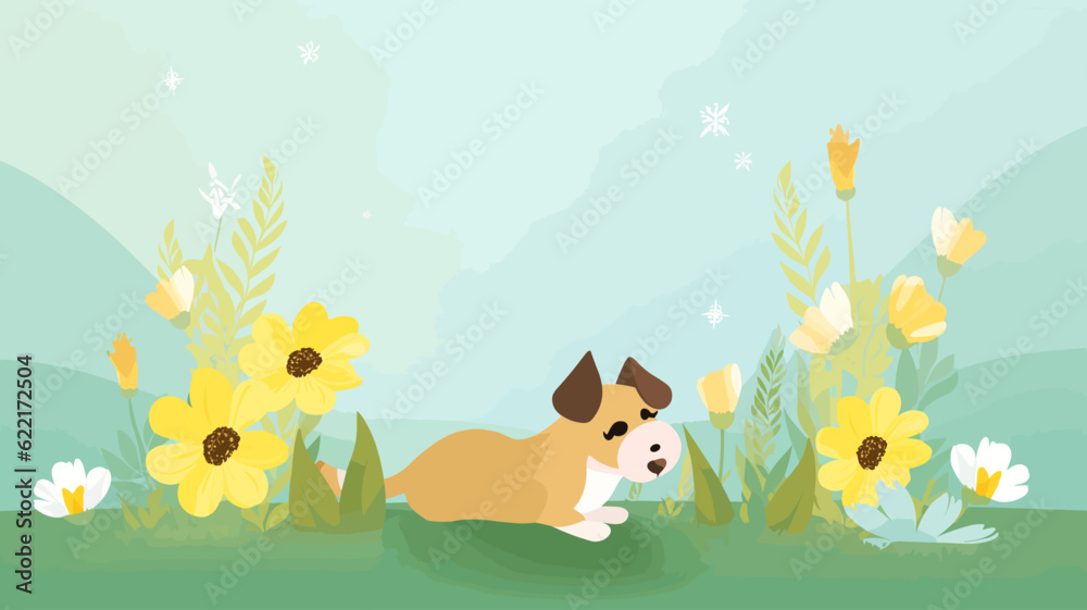 Naklejka premium Vector illustration of cute dog and flower field.