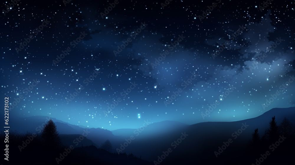 Blue dark night sky with many stars above field of trees. Generative Ai.